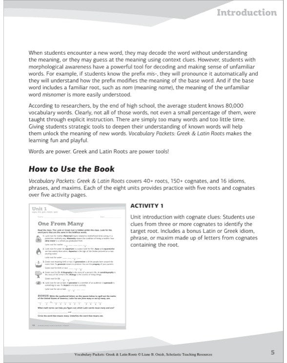 Vocabulary Packets: Greek & Latin Roots : Ready-to-Go Learning Packets That Teach 40 Key Roots and Help Students Unlock the Meaning of Dozens and Dozens of Must-Know Vocabulary Words