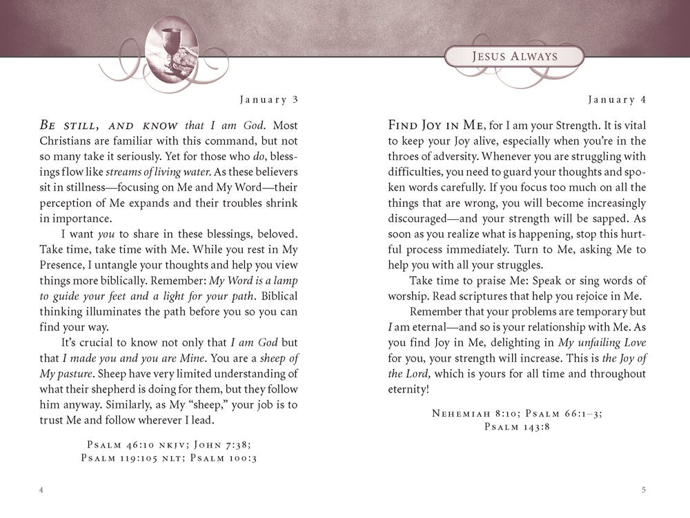 Jesus Always, Padded Hardcover, with Scripture References: Embracing Joy in His Presence (a 365-Day Devotional)